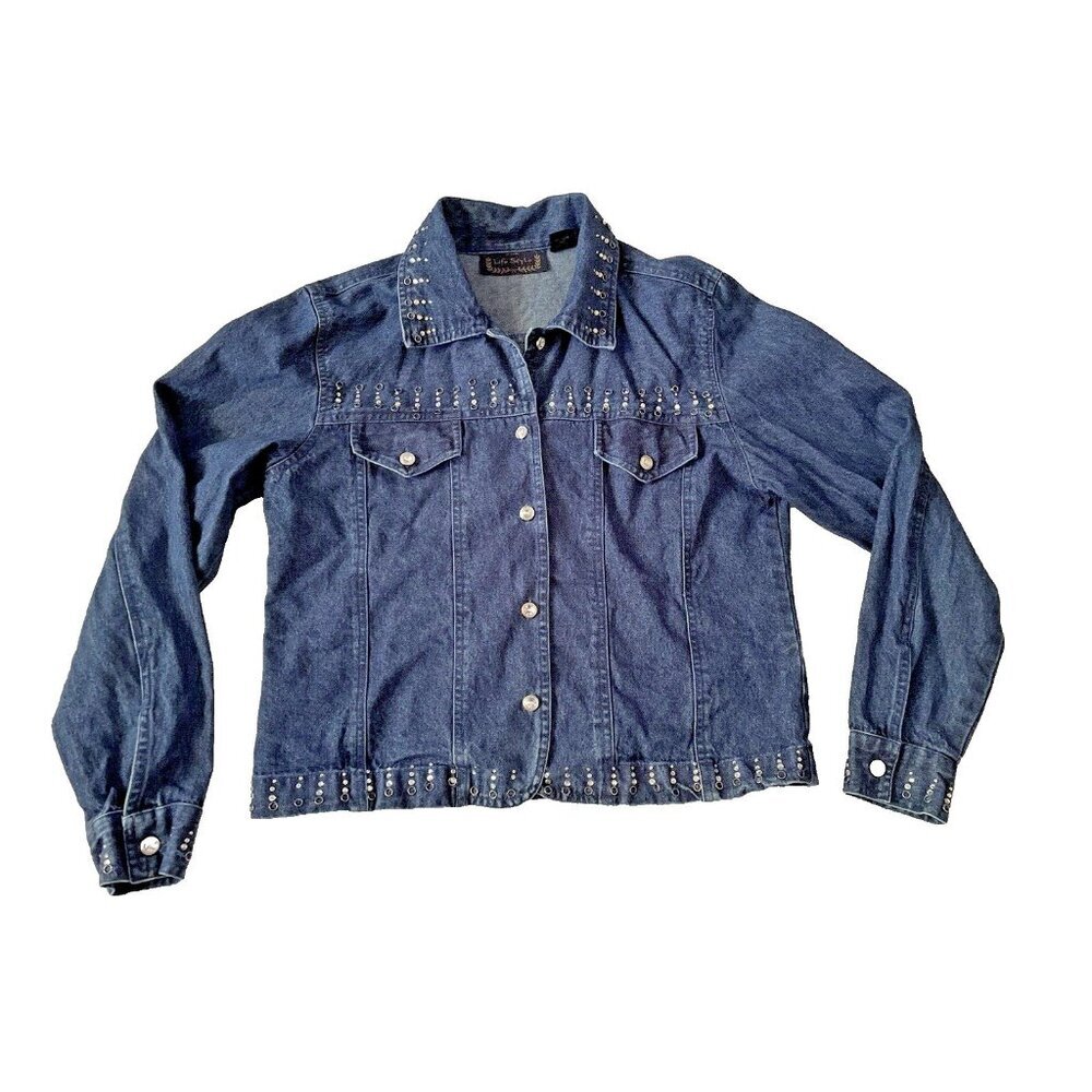 Womens Denim Jacket With Rhinestone & Stud Embellishments By Life Style Size M